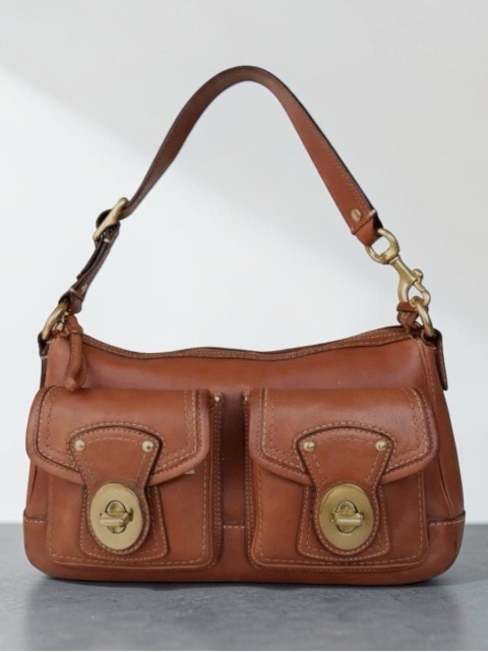 904 Coach Legacy Double Turnlock Shoulder Bag Whiskey Leather Brass F12868 - Picture 13 of 14
